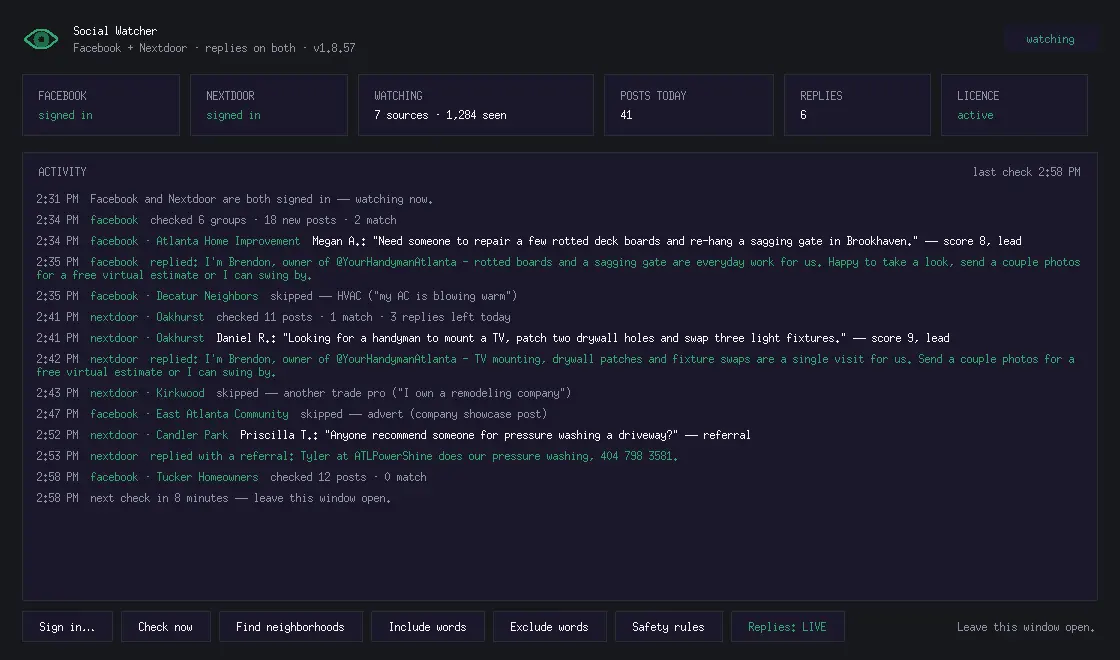 Social Watcher activity log watching Facebook and Nextdoor groups: scoring posts as leads, replying as Your Handyman Atlanta, skipping HVAC questions, other trade pros and adverts, and sending a referral for a pressure washing request